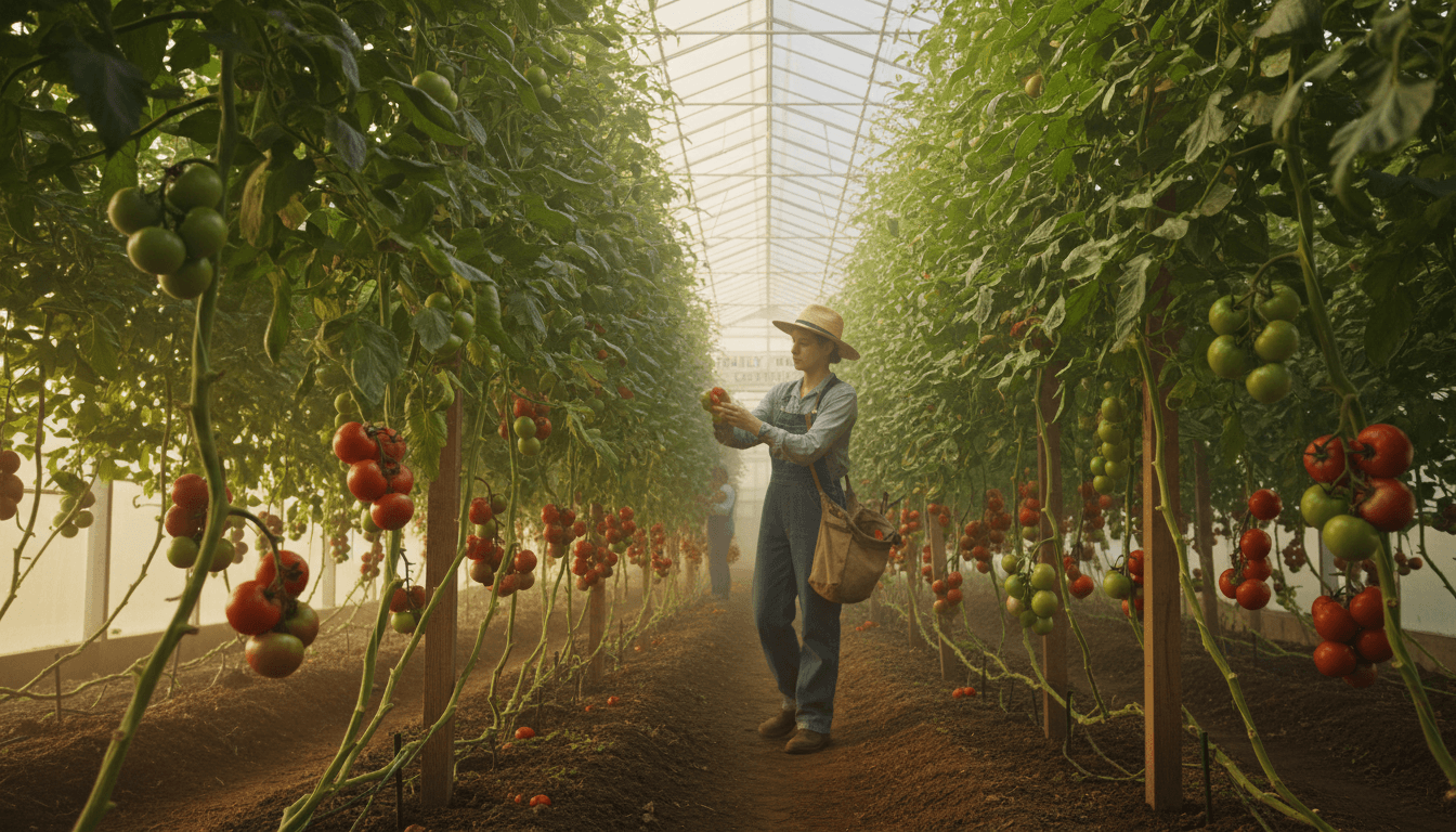 Rows of tomato plants in a greenhouse with a grower walking between them